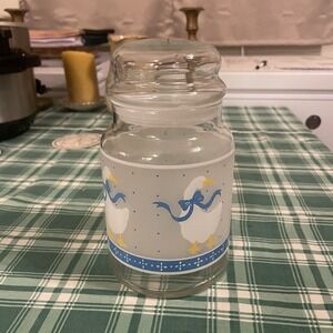 Libbey Glass Canister Jar w/Lid Blue Goose Geese Ribbons 7" Tall